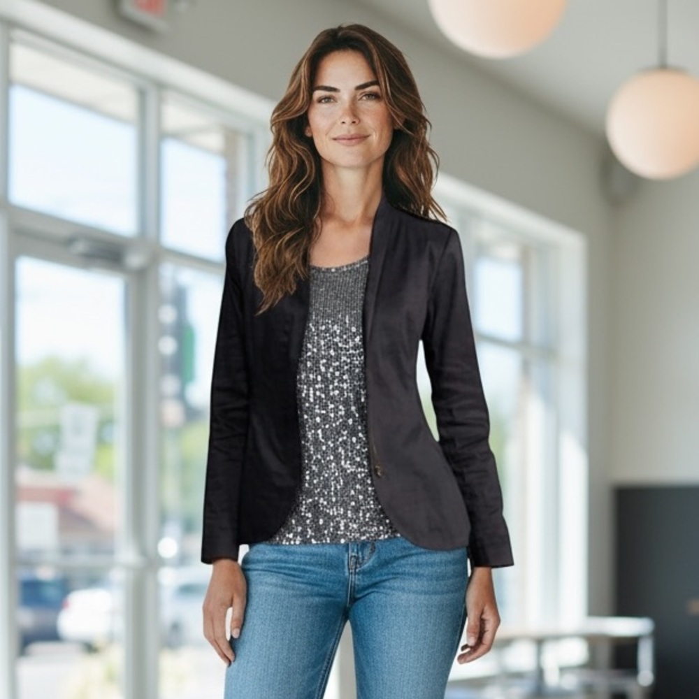 Eileen Fisher Women Black Zip Up Ramie Blazer With Peplum Size Mp